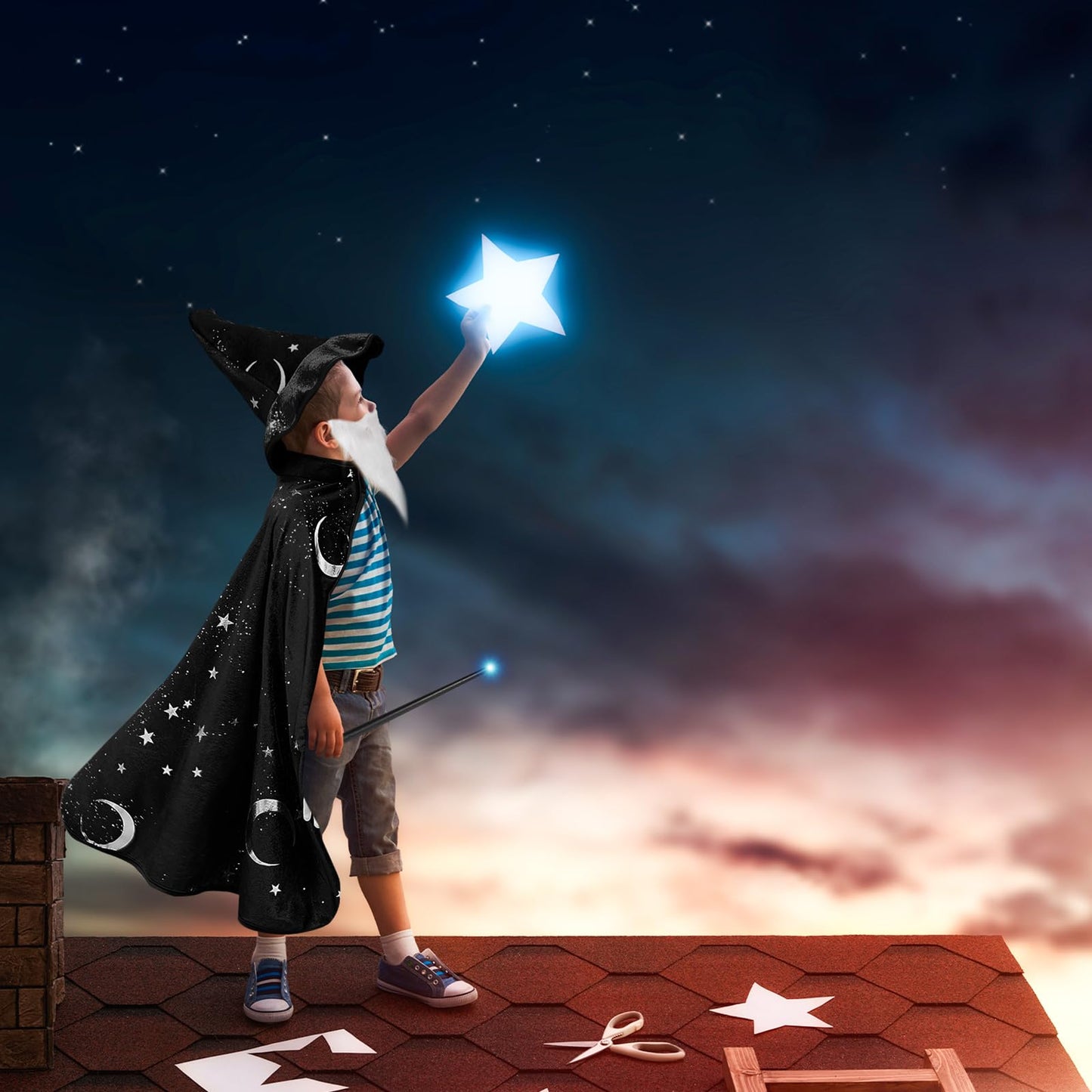 Toulite Wizard Cape for Kids 3-16 | Glow Wand, Hat & Beard Set (Black)