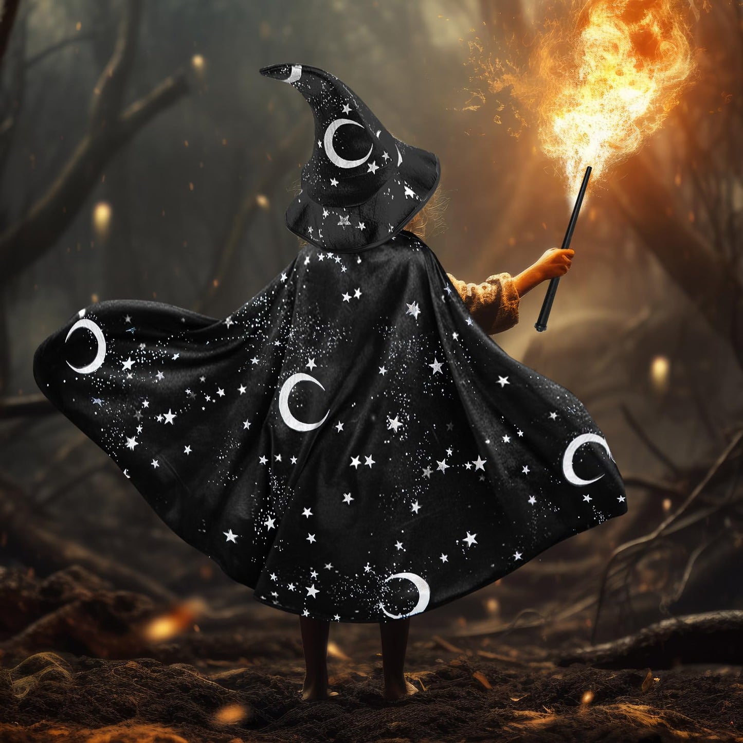 Toulite Wizard Cape for Kids 3-16 | Glow Wand, Hat & Beard Set (Black)