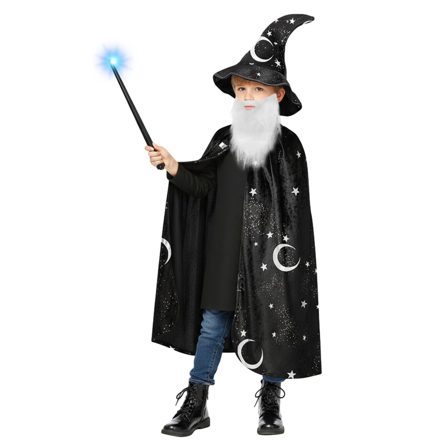 Toulite Wizard Cape for Kids 3-16 | Glow Wand, Hat & Beard Set (Black)