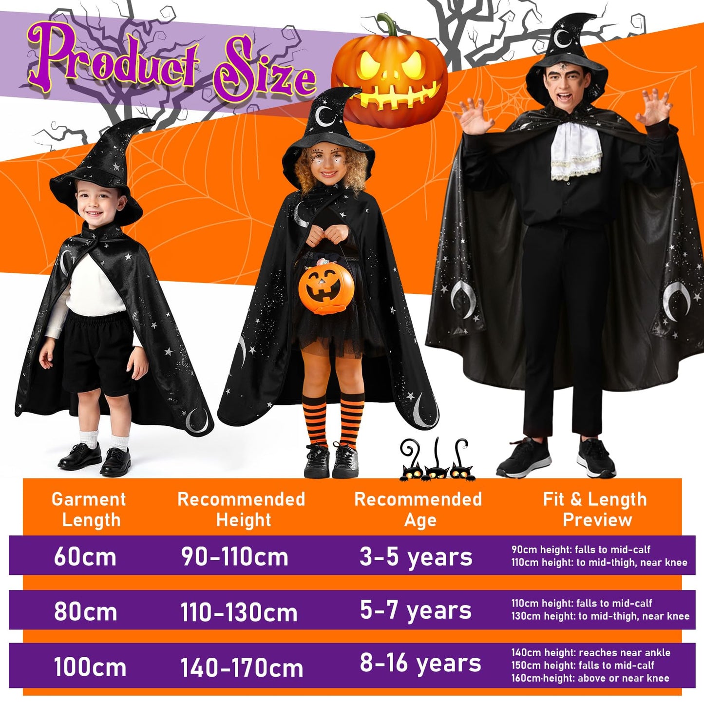 Toulite Wizard Cape for Kids 3-16 | Glow Wand, Hat & Beard Set (Black)