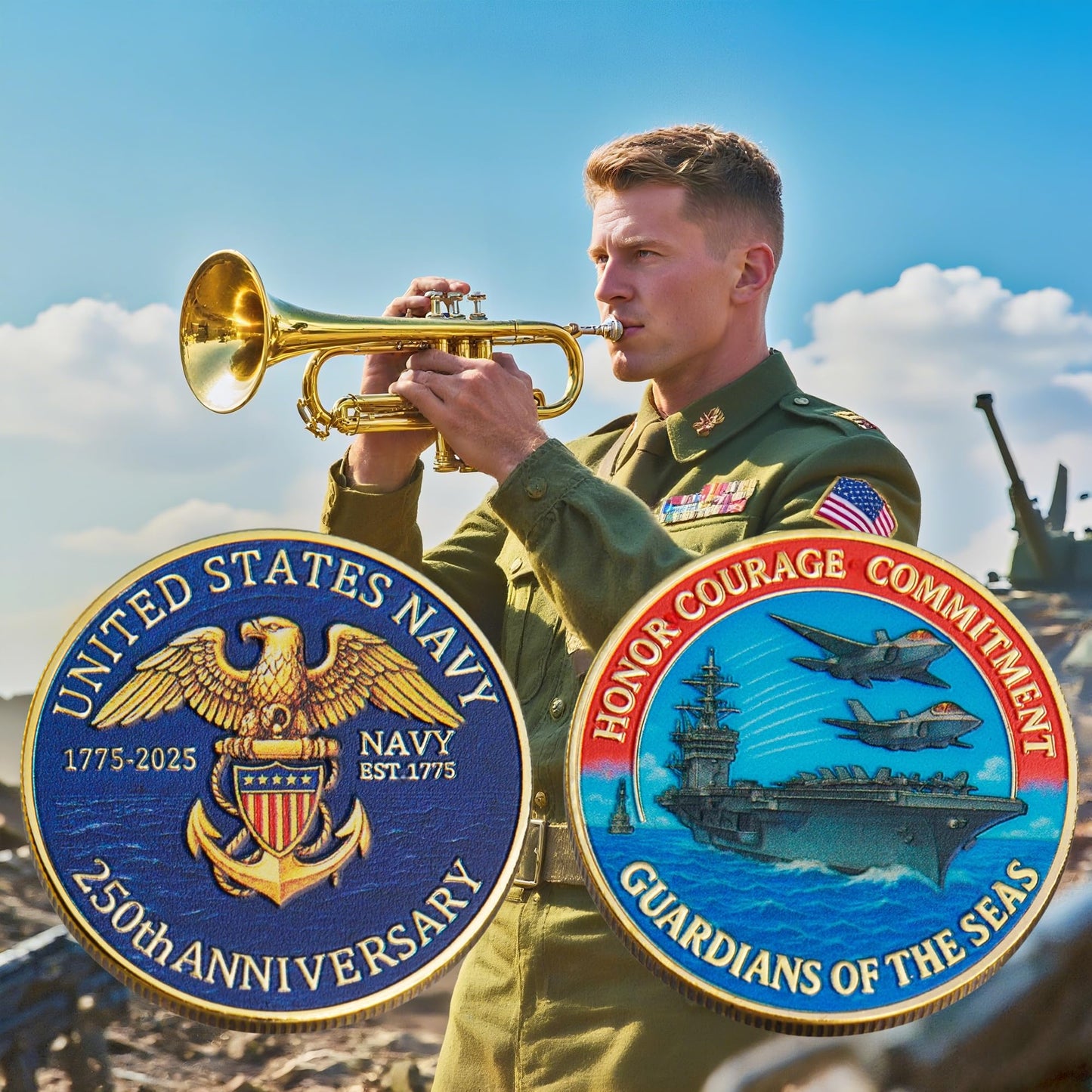 Touzanious USA Navy 250th Anniversary Coin - 1.57-inch Gold-Plated Double-Sided Navy Challenge Coin (1775-2025)