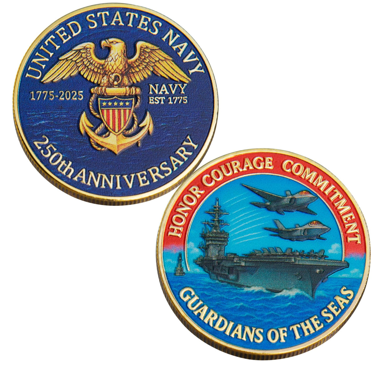 Touzanious USA Navy 250th Anniversary Coin - 1.57-inch Gold-Plated Double-Sided Navy Challenge Coin (1775-2025)