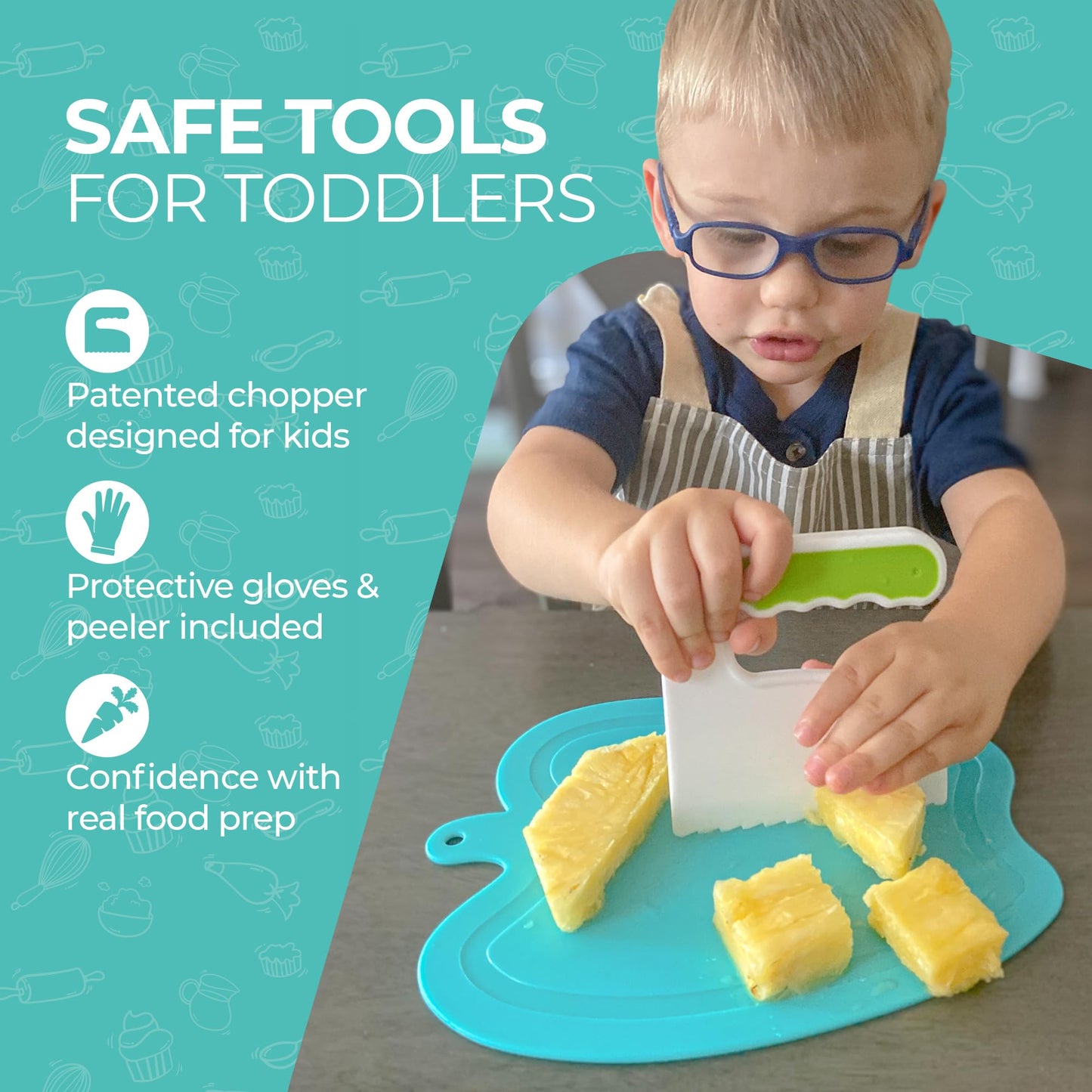 Tovla Jr. Toddler Cutting Set – Real Knife & Chopper with Safety Gloves for Ages 3–8 | Montessori Kitchen Tools