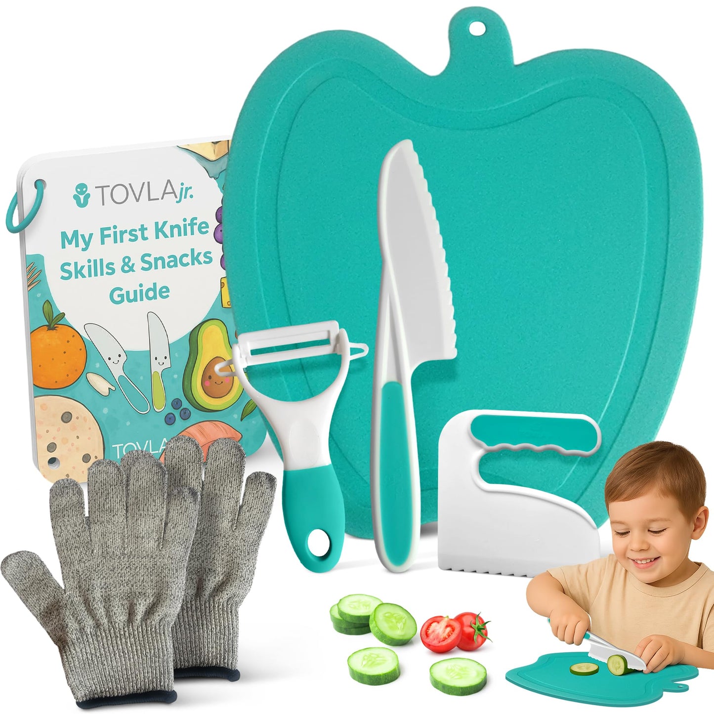 Tovla Jr. Toddler Cutting Set – Real Knife & Chopper with Safety Gloves for Ages 3–8 | Montessori Kitchen Tools