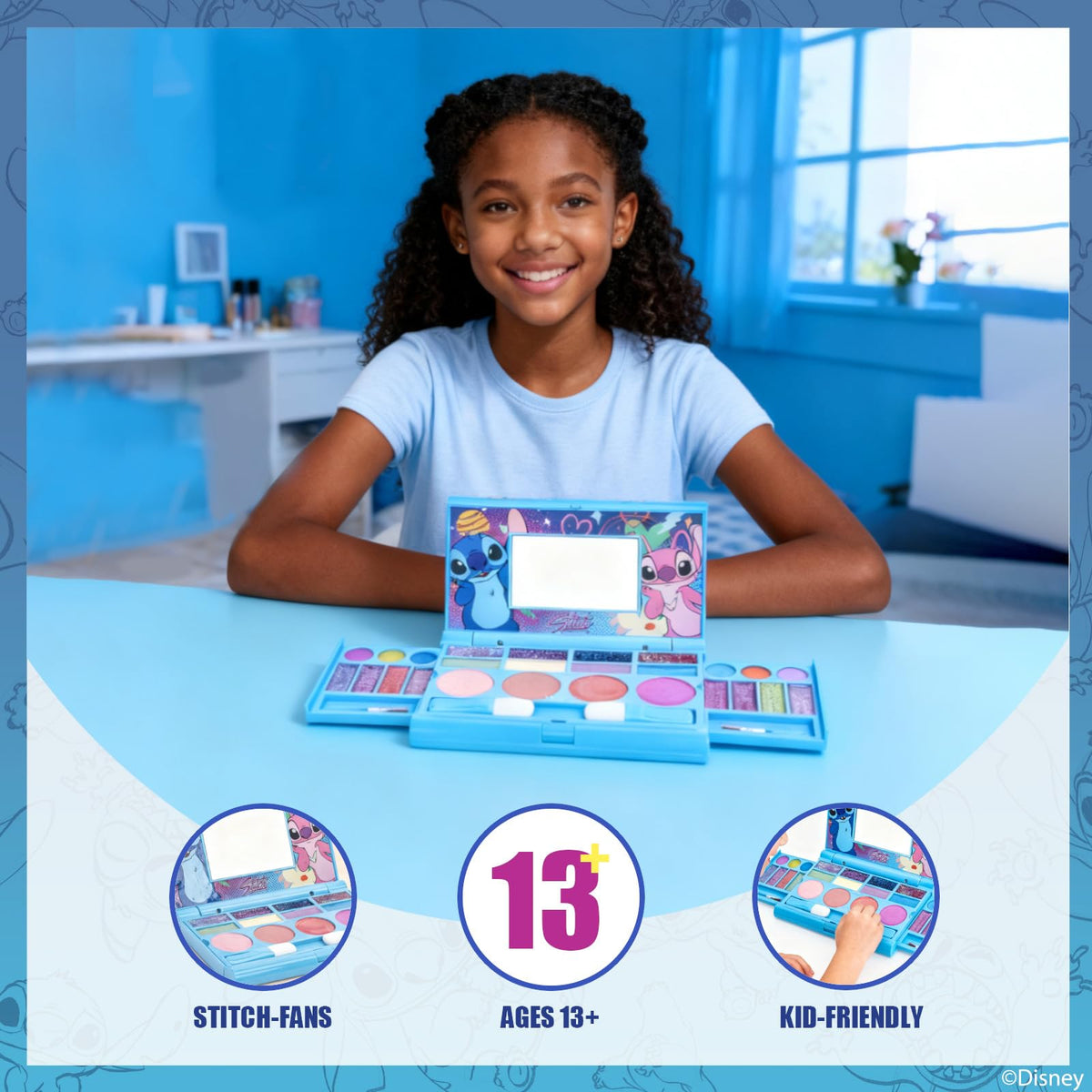 Townley Girl Stitch All-in-One Kids Cosmetic Compact Set – Lip Gloss, Eye & Cheek Shimmer with Brushes