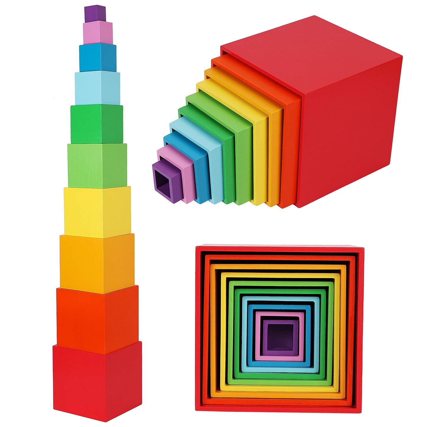 TOWO Wooden Stacking Boxes Rainbow Colors – Montessori Nesting Cubes for Toddlers | Toys of Wood Oxford
