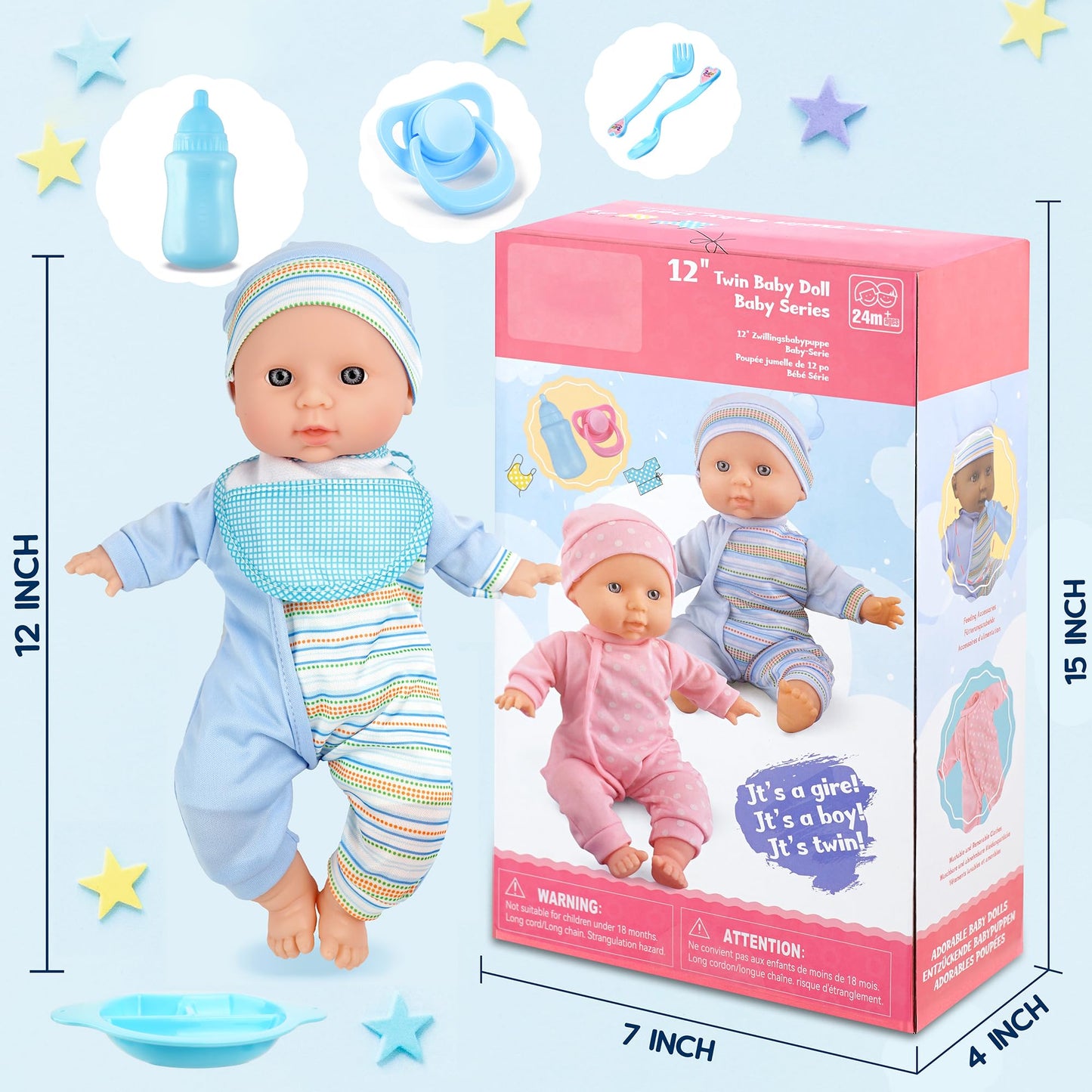 Toy Choi's Twin Baby Dolls - 12-Inch Soft Body Twins with Accessories | Blue Outfit Doll Set for 2–5 Year Olds
