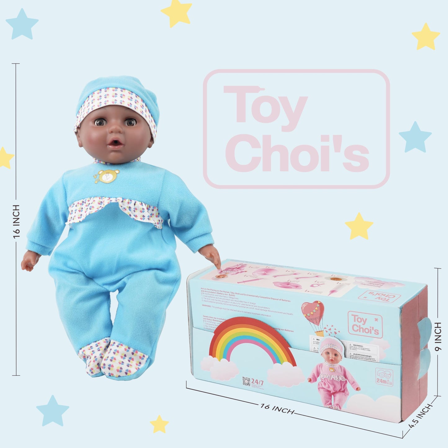 Toy Choi's Interactive Baby Doll Blue – 16-Inch Crying, Talking, Feeding Doll with Accessories