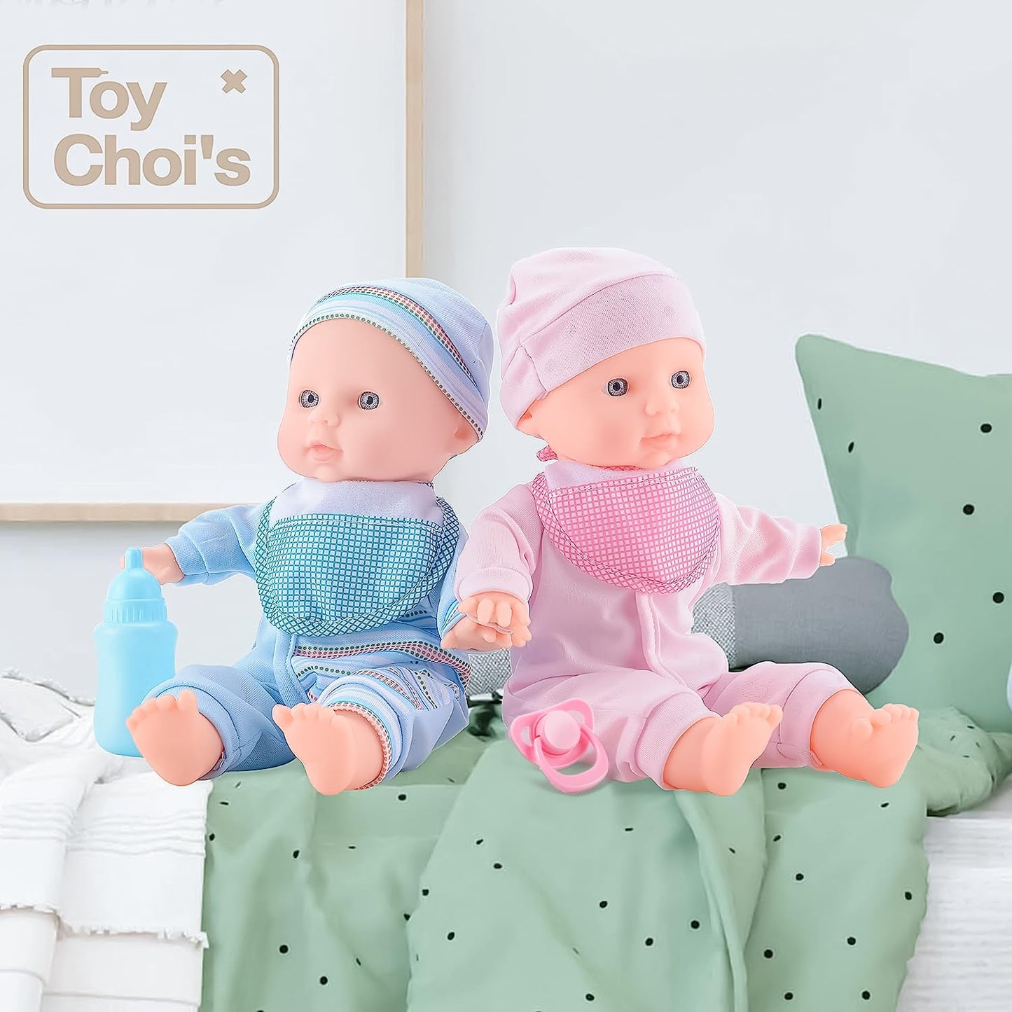 Toy Choi's Twin Baby Dolls 12-Inch Soft Body Playset – Rompers, Hats & Accessories