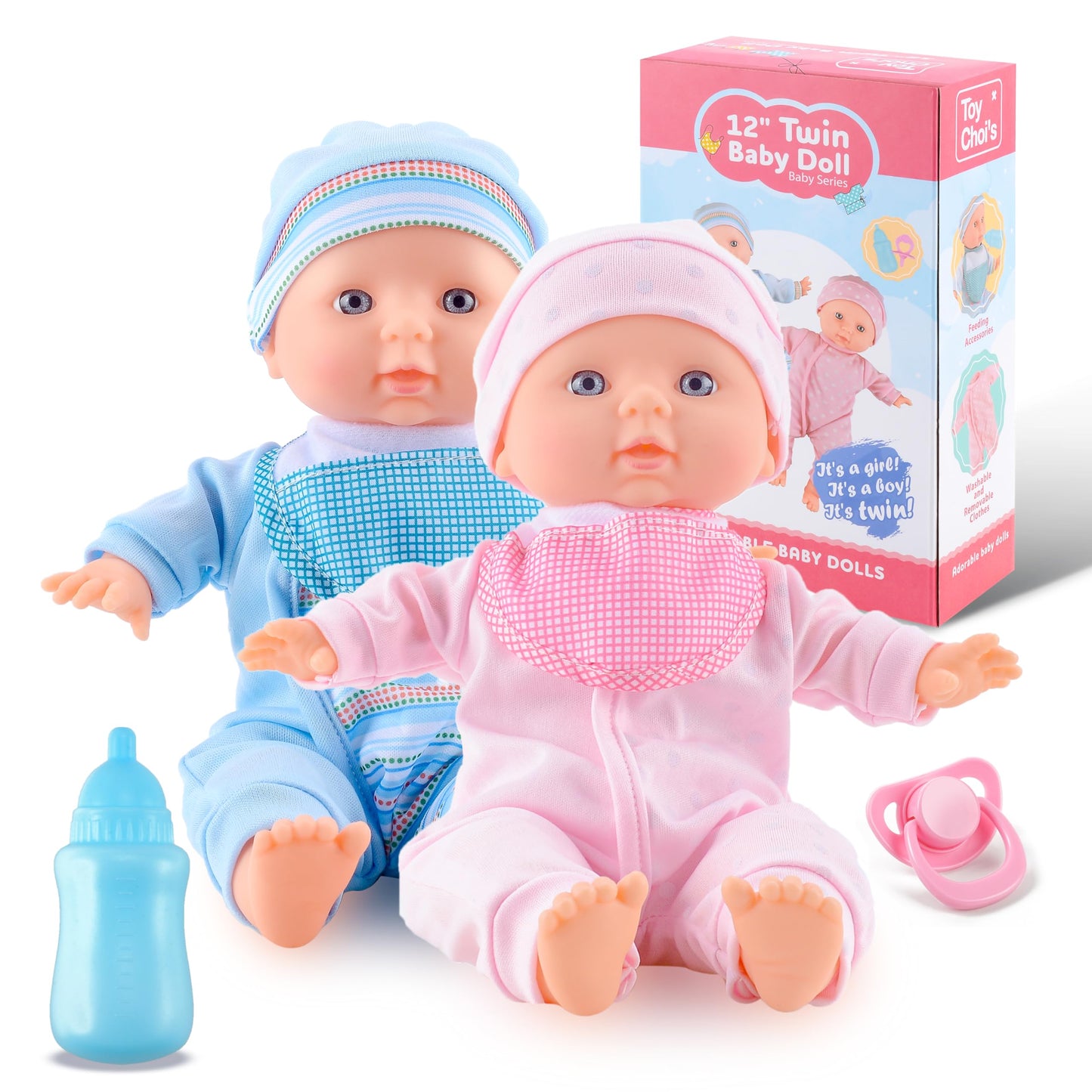 Toy Choi's Twin Baby Dolls 12-Inch Soft Body Playset – Rompers, Hats & Accessories