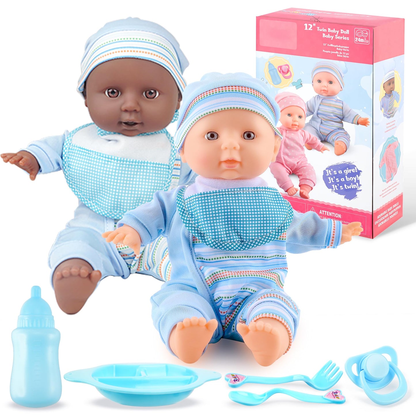 Toy Choi's Twin Baby Dolls - 12-Inch Soft Body Twins with Accessories | Blue Outfit Doll Set for 2–5 Year Olds