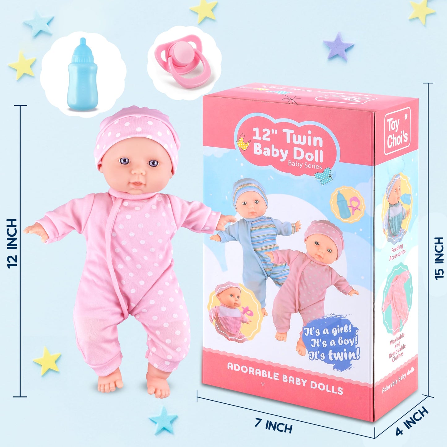 Toy Choi's Twin Baby Dolls 12-Inch Soft Body Playset – Rompers, Hats & Accessories