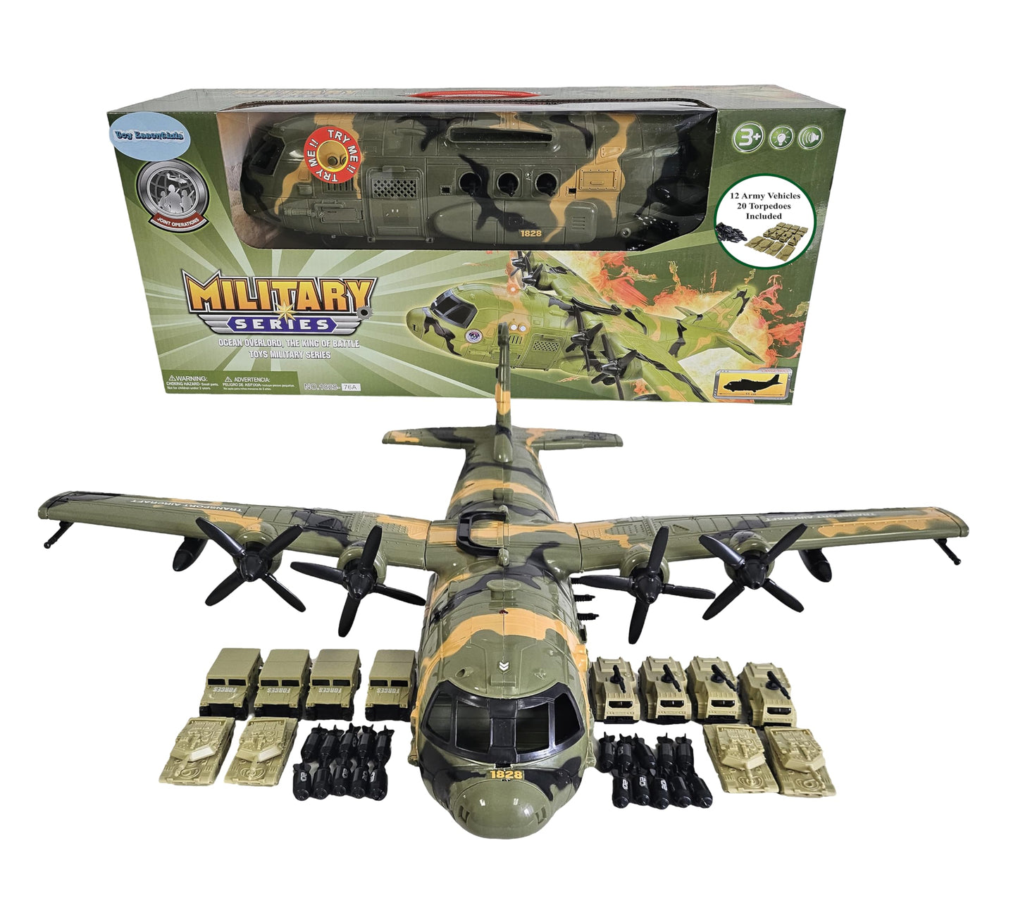 Toy Essentials Large Military 21-Inch C-130 Cargo Plane with Doors, 20 Bombs & 12 Vehicles