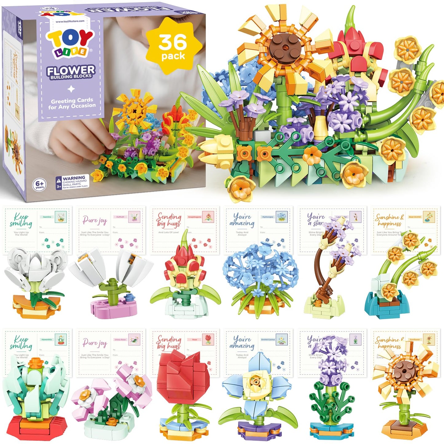 TOY Life 36-Pack Flower Building Blocks for Kids | Party Favors & Classroom Prizes