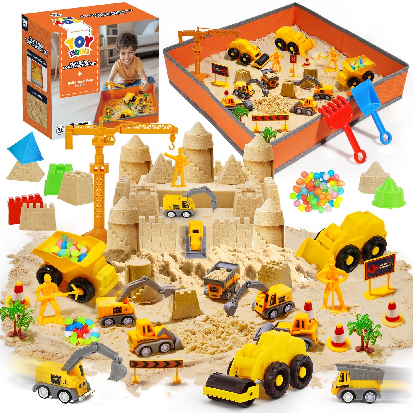 TOY Life 38 Pcs Sand Construction Kit with Foldable Sandbox, 2.2 lbs Magic Sand, Trucks & Castle Molds