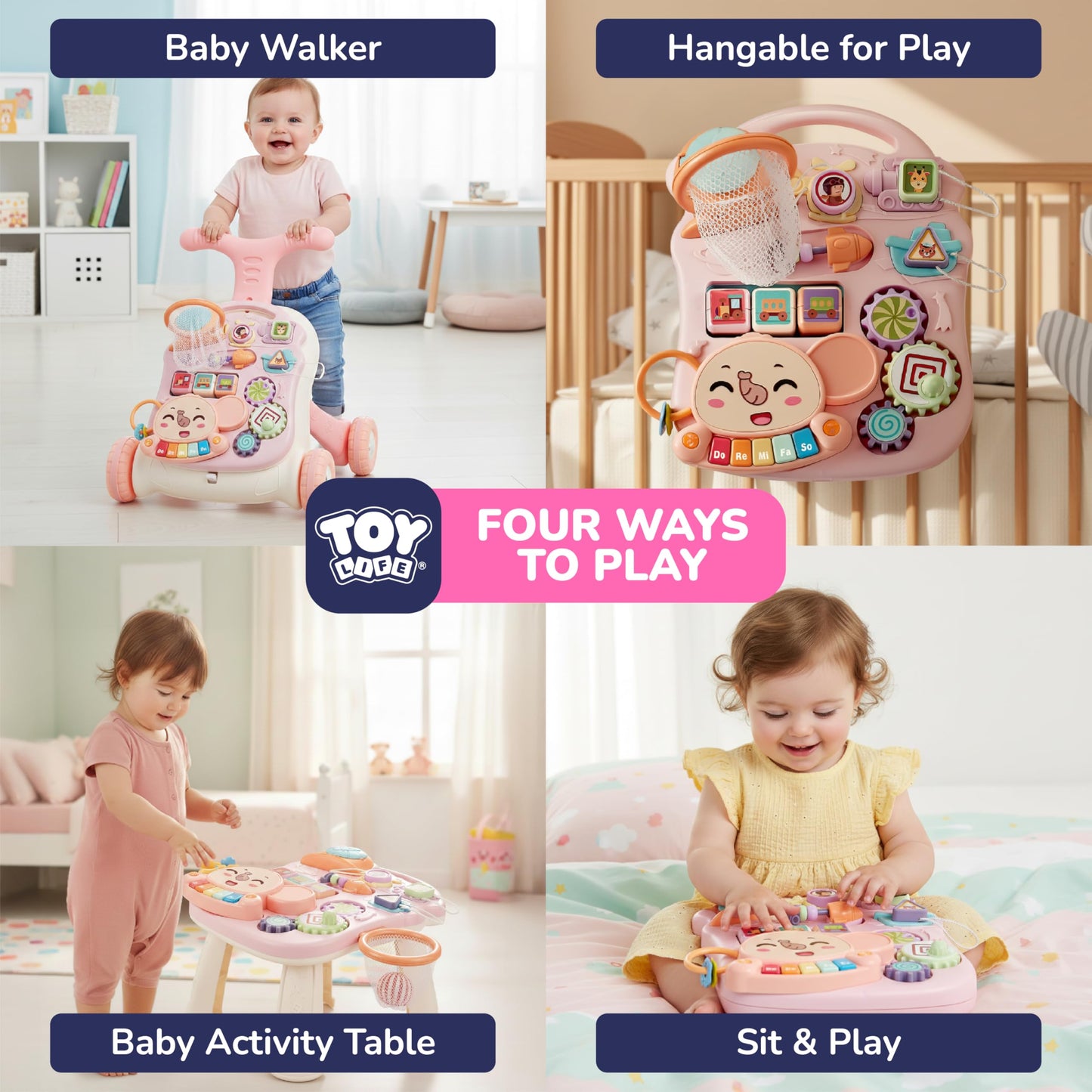 TOY Life 3-in-1 Baby Push Walker & Activity Center – Pink for 6-12 Months