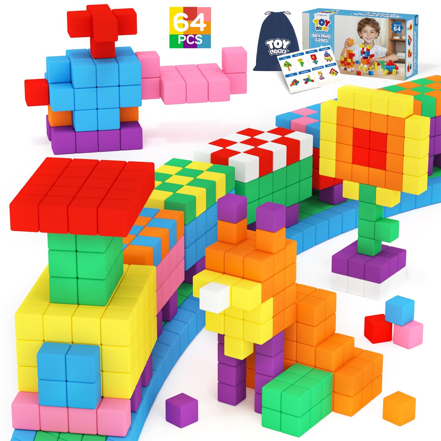 TOY Life 64PCS Magnetic Blocks for Kids 3-8 | STEM Magnetic Cubes, 3D Building & Sensory Play