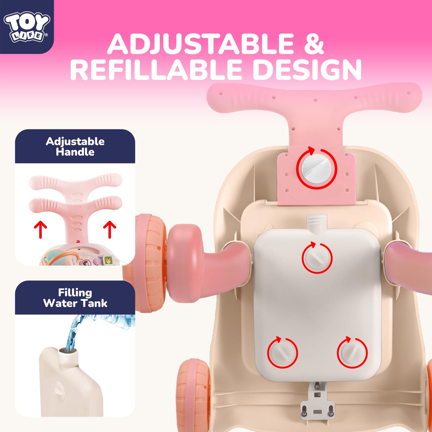 TOY Life 3-in-1 Baby Push Walker & Activity Center – Pink for 6-12 Months