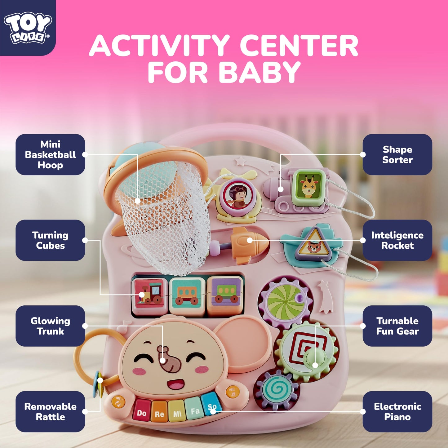 TOY Life 3-in-1 Baby Push Walker & Activity Center – Pink for 6-12 Months