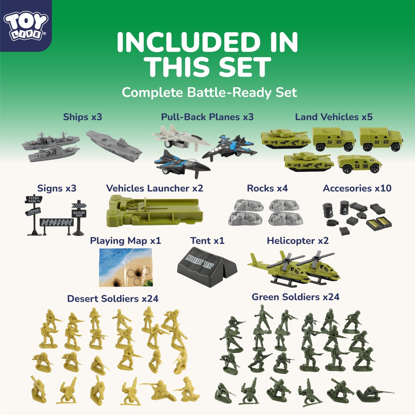 TOY Life Army Men Playset – 73-Piece Army Soldiers Toy with Tanks, Planes, Navy Ships & Battle Mat