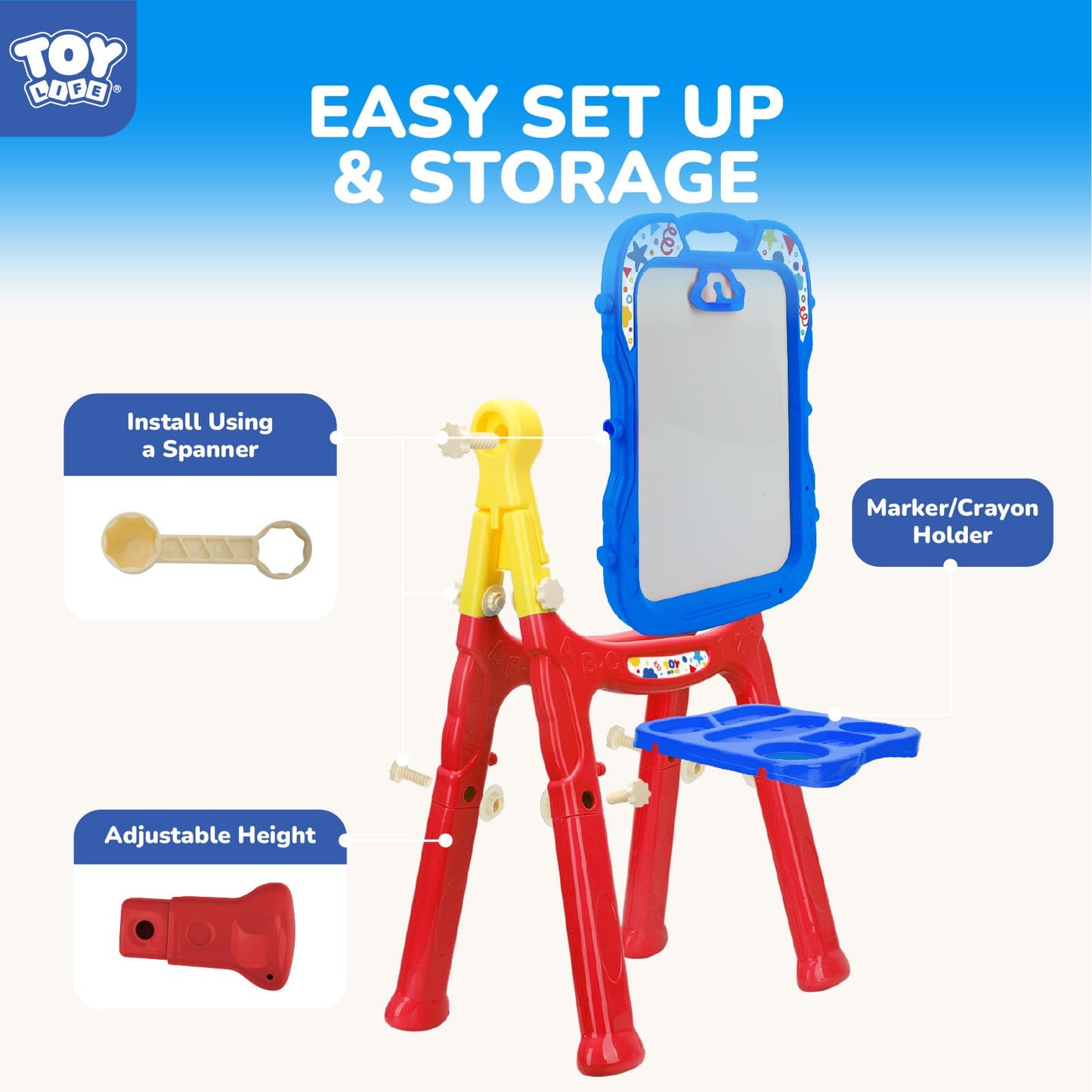 TOY Life Art Easel for Kids - 4-in-1 Adjustable Standing Double-Sided Magnetic Whiteboard & Chalkboard