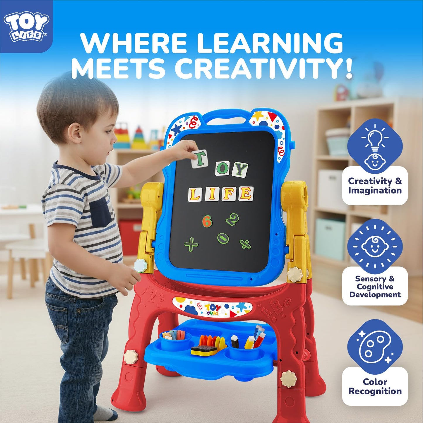 TOY Life Art Easel for Kids - 4-in-1 Adjustable Standing Double-Sided Magnetic Whiteboard & Chalkboard