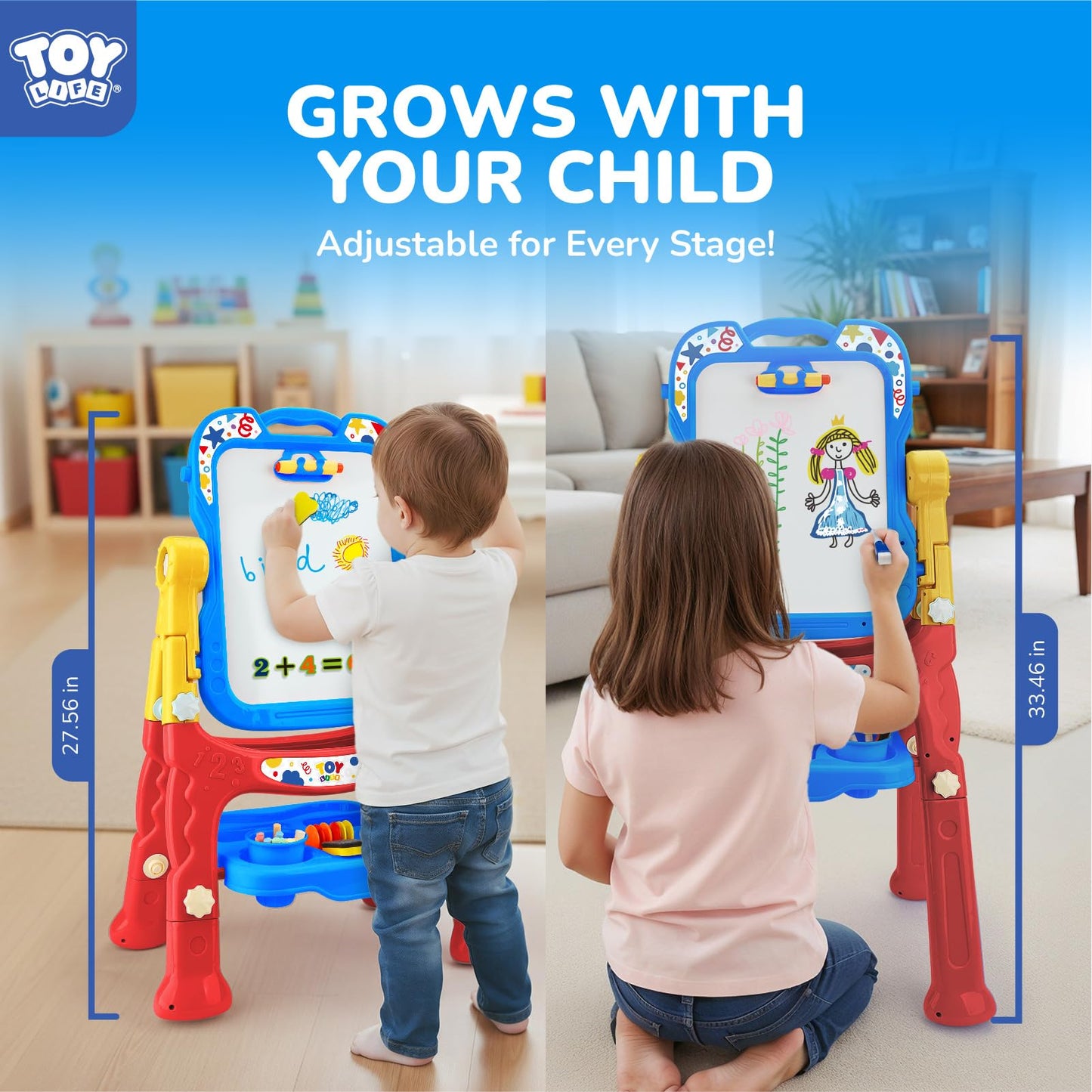 TOY Life Art Easel for Kids - 4-in-1 Adjustable Standing Double-Sided Magnetic Whiteboard & Chalkboard
