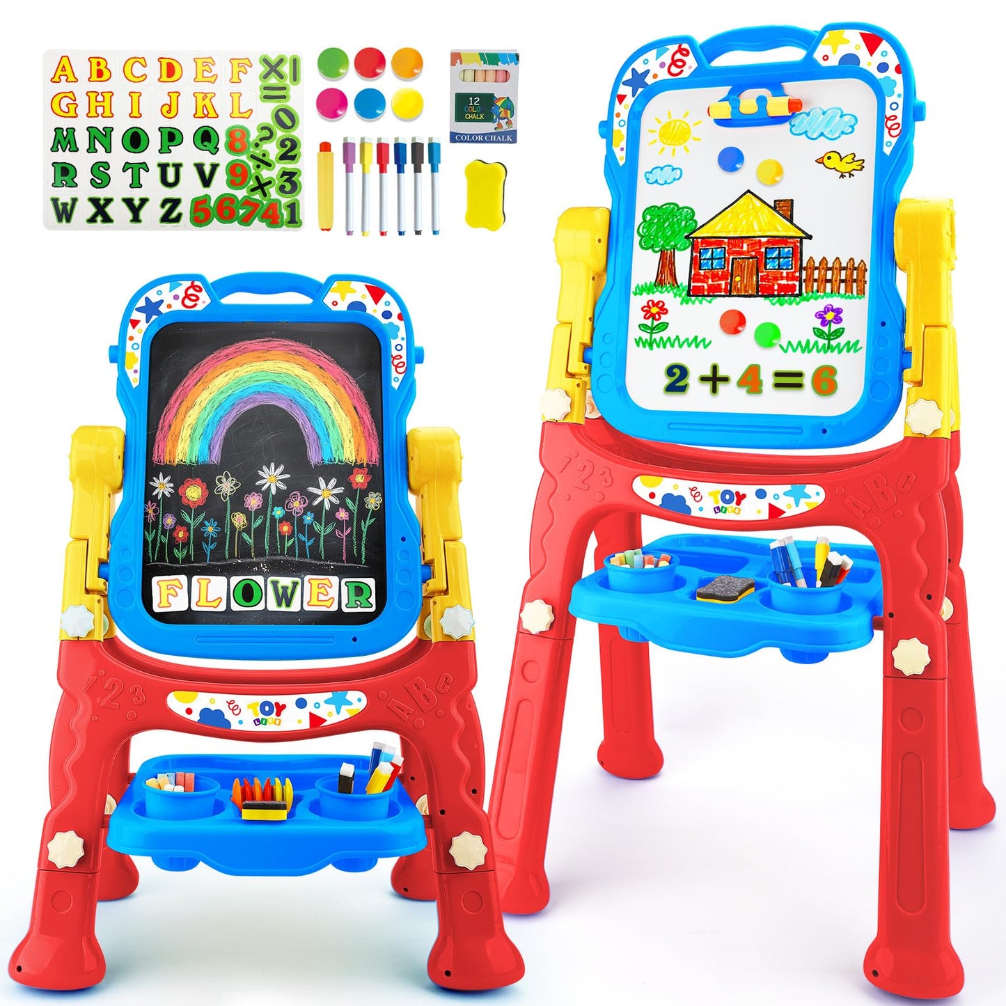 TOY Life Art Easel for Kids - 4-in-1 Adjustable Standing Double-Sided Magnetic Whiteboard & Chalkboard