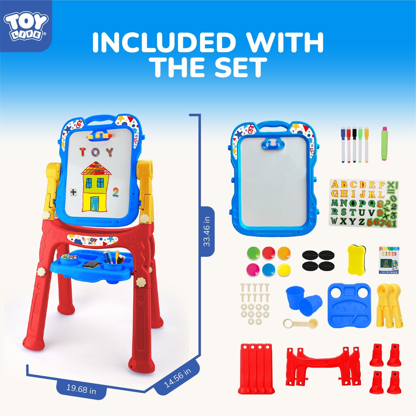 TOY Life Art Easel for Kids - 4-in-1 Adjustable Standing Double-Sided Magnetic Whiteboard & Chalkboard