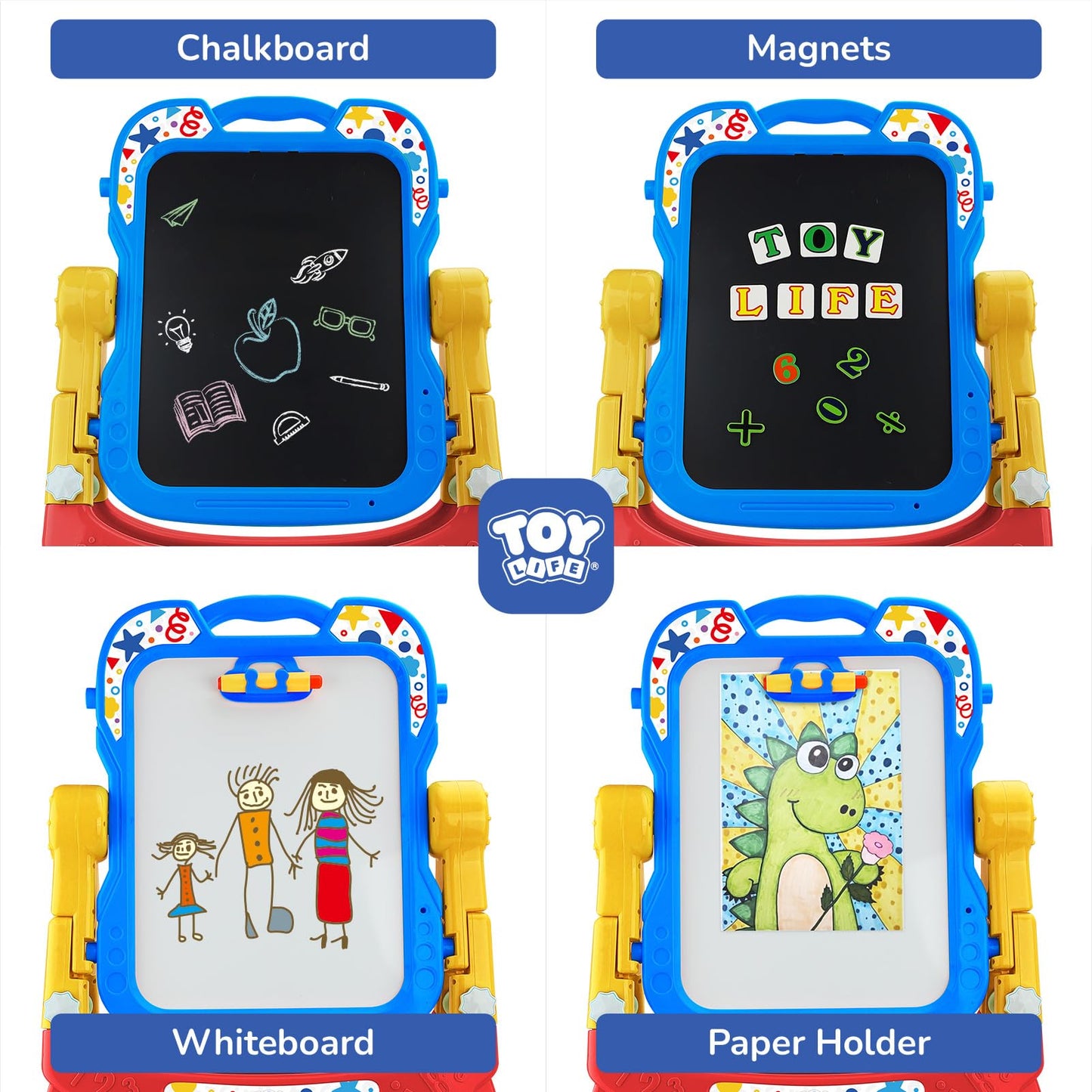 TOY Life Art Easel for Kids - 4-in-1 Adjustable Standing Double-Sided Magnetic Whiteboard & Chalkboard