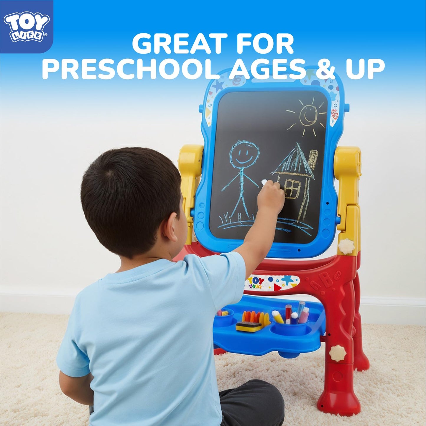 TOY Life Art Easel for Kids - 4-in-1 Adjustable Standing Double-Sided Magnetic Whiteboard & Chalkboard