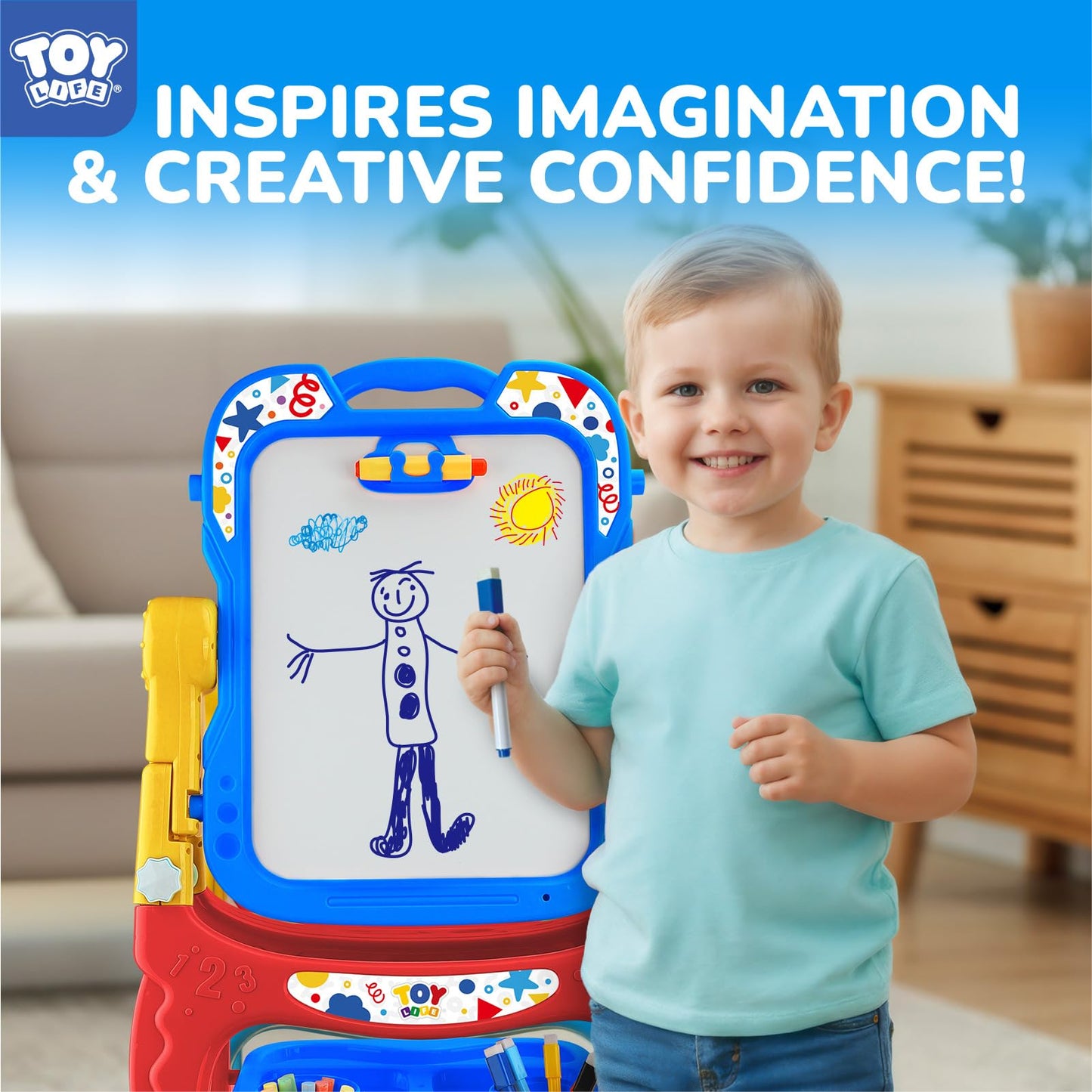 TOY Life Art Easel for Kids - 4-in-1 Adjustable Standing Double-Sided Magnetic Whiteboard & Chalkboard