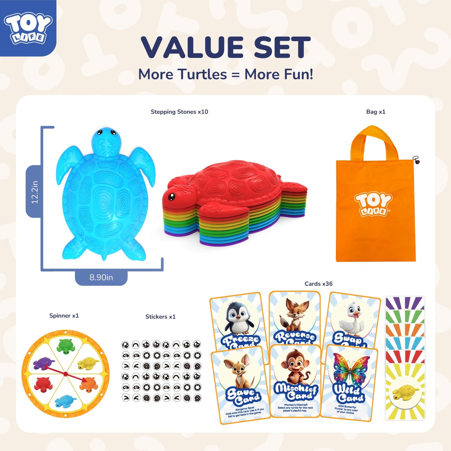 TOY Life 10 Pcs Turtle Balance Stepping Stones for Kids 4-8 – Indoor Outdoor Safari Game with Cards and Spinner