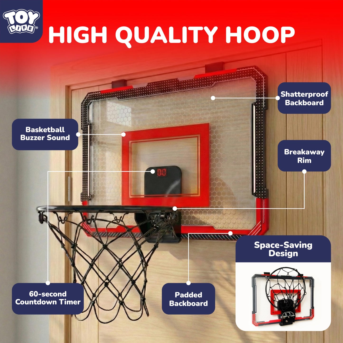 TOY Life Basketball Hoop Over The Door – Indoor Mini Hoop with 4 Balls