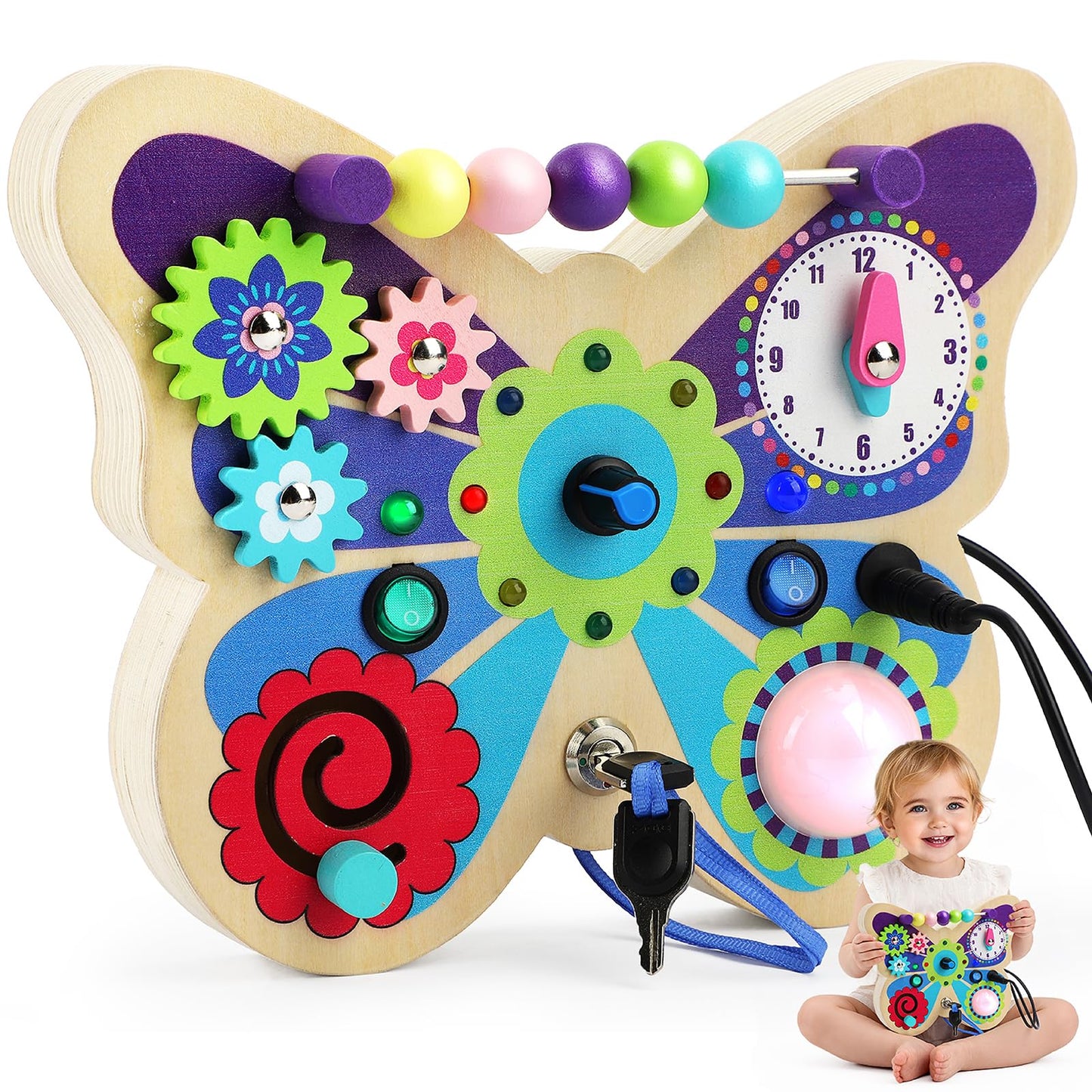TOY Life Montessori Busy Board – Wooden Butterfly Sensory Toy for Toddlers with LED Light-Up Switches