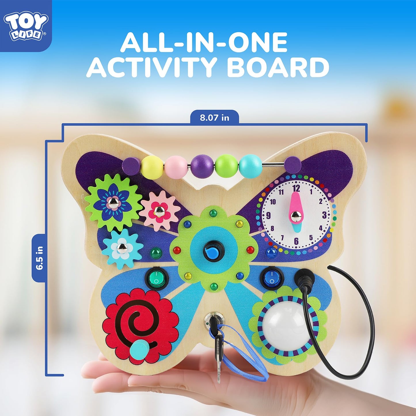 TOY Life Montessori Busy Board – Wooden Butterfly Sensory Toy for Toddlers with LED Light-Up Switches