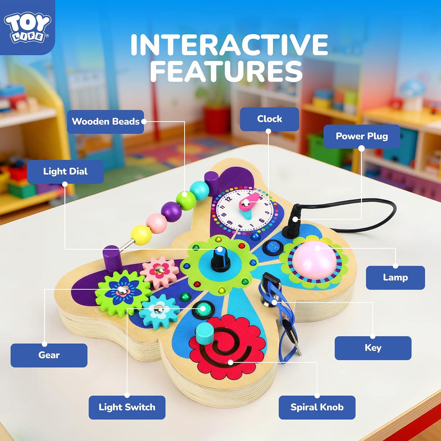 TOY Life Montessori Busy Board – Wooden Butterfly Sensory Toy for Toddlers with LED Light-Up Switches