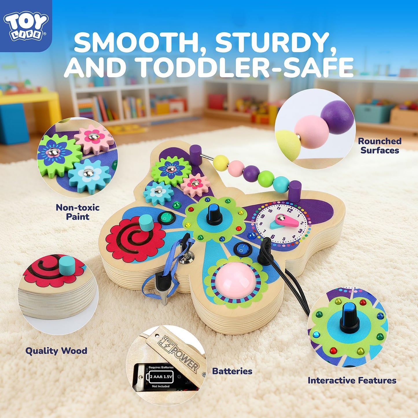 TOY Life Montessori Busy Board – Wooden Butterfly Sensory Toy for Toddlers with LED Light-Up Switches