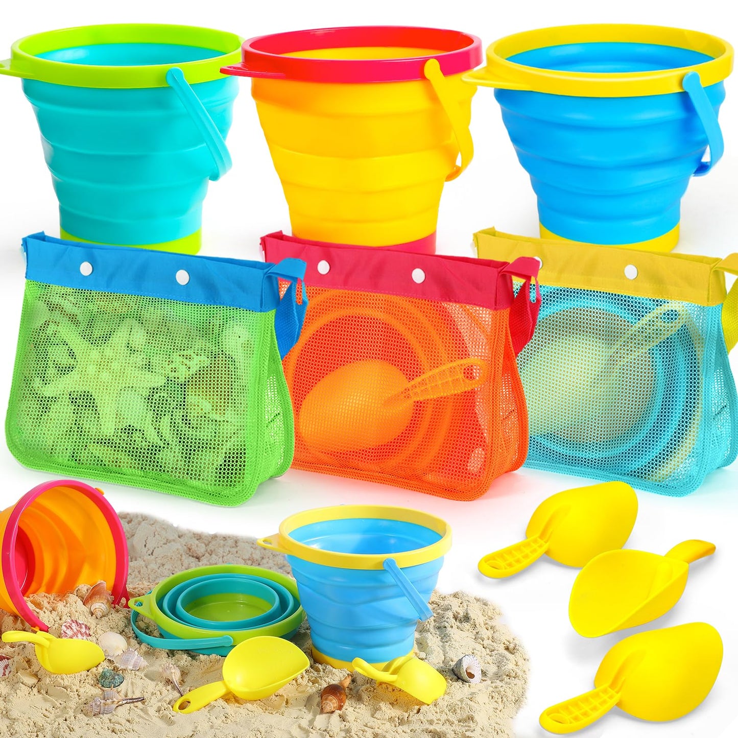 TOY Life Collapsible Beach Bucket Set – 3 Silicone Buckets, Shovels & Shell Bags