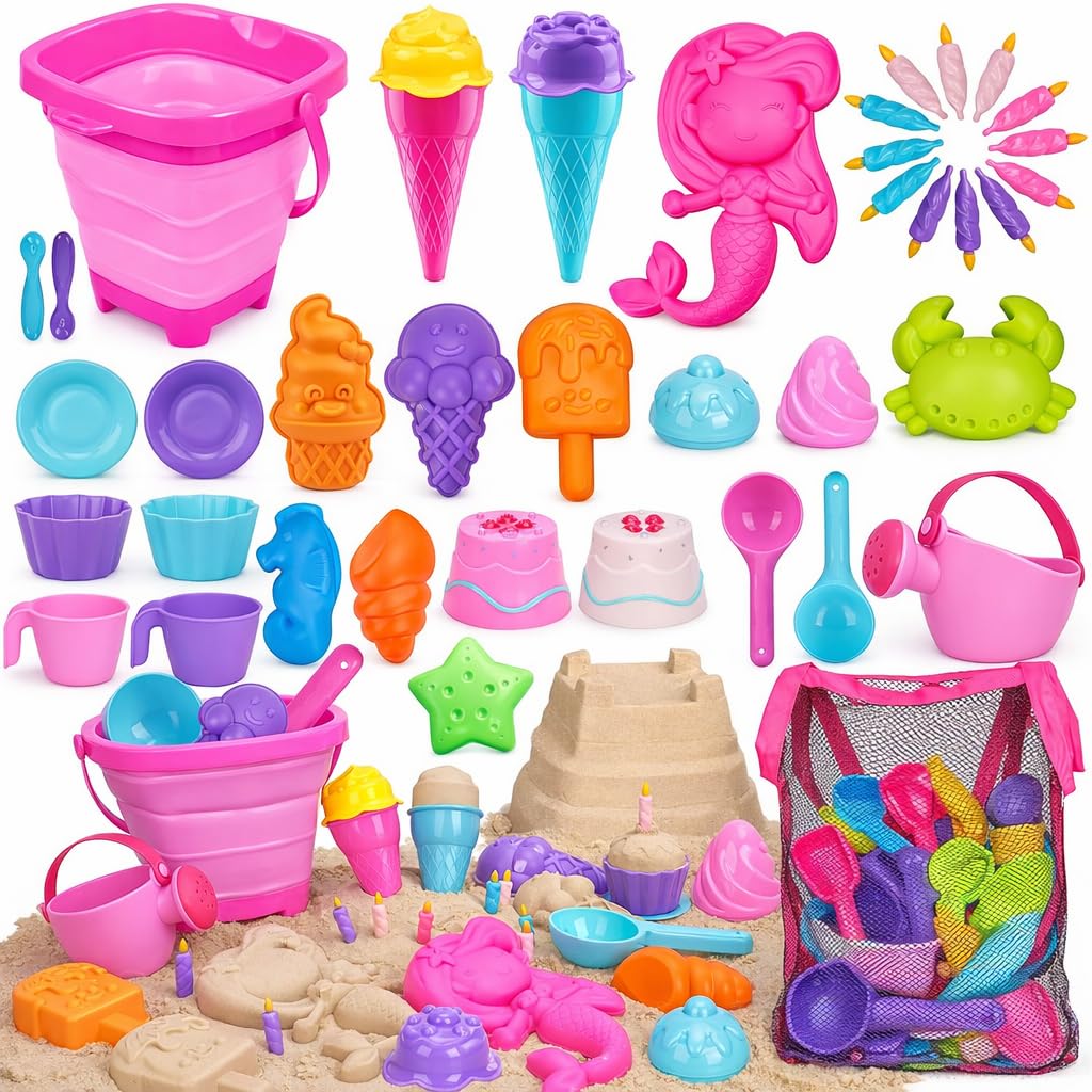 TOY Life 41 Pcs Beach Toy Set – Collapsible Buckets, Sand Molds & Shovels for Kids 4-8