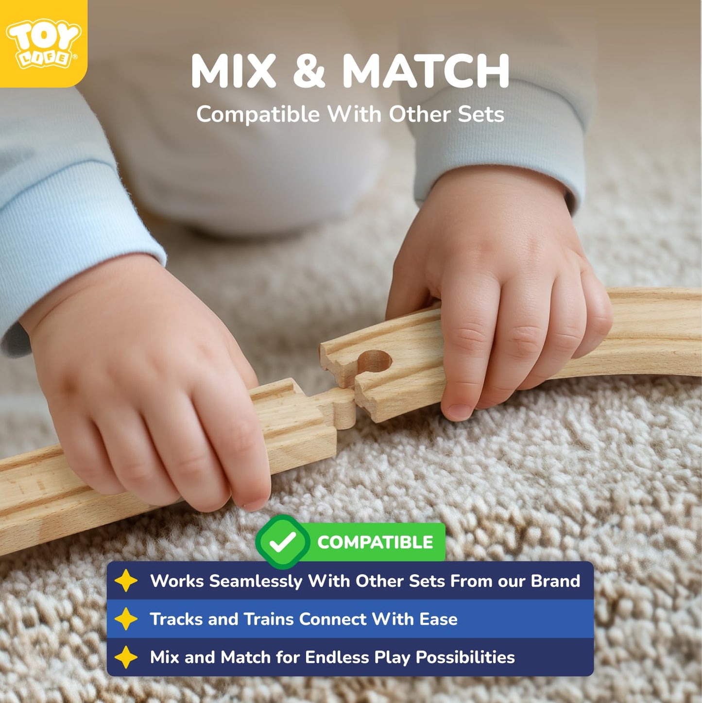 TOY Life Wooden Train Set 80pcs with Magnetic Crane – Compatible with Thomas & Brio