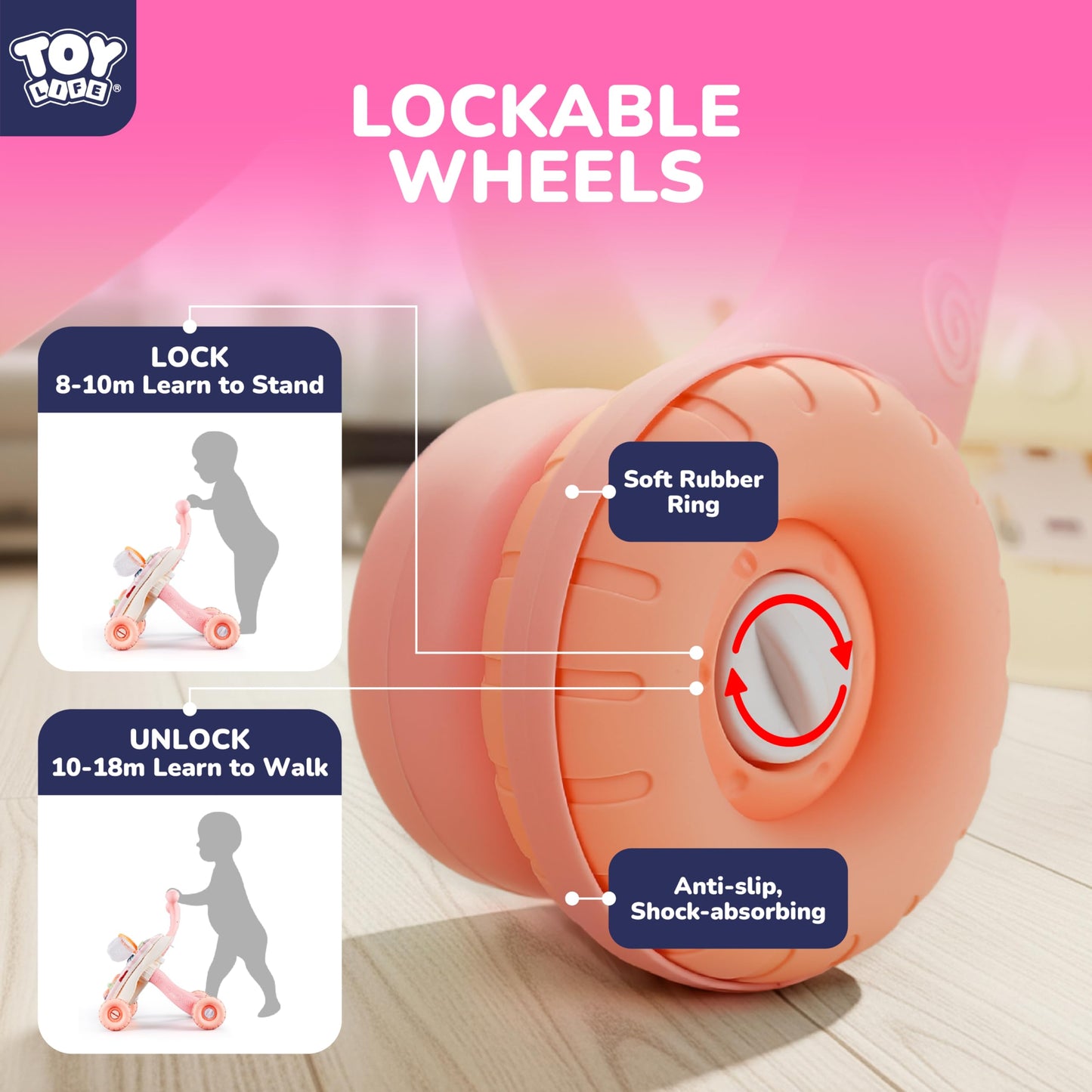 TOY Life 3-in-1 Baby Push Walker & Activity Center – Pink for 6-12 Months