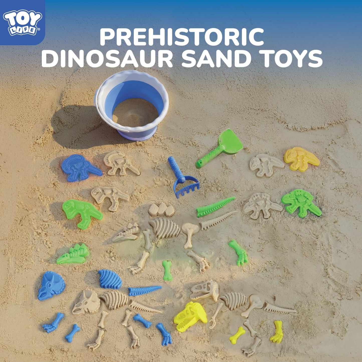 TOY Life 30 Pcs Dinosaur Fossil Beach Toys for Kids 4-8 | Collapsible Sand Kit