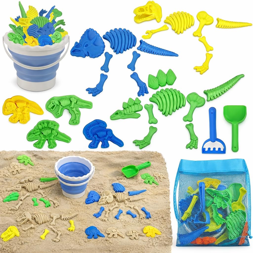 TOY Life 30 Pcs Dinosaur Fossil Beach Toys for Kids 4-8 | Collapsible Sand Kit