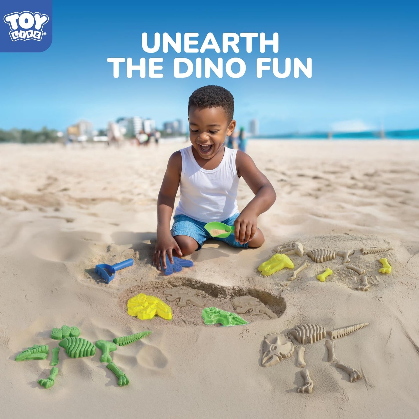 TOY Life 30 Pcs Dinosaur Fossil Beach Toys for Kids 4-8 | Collapsible Sand Kit