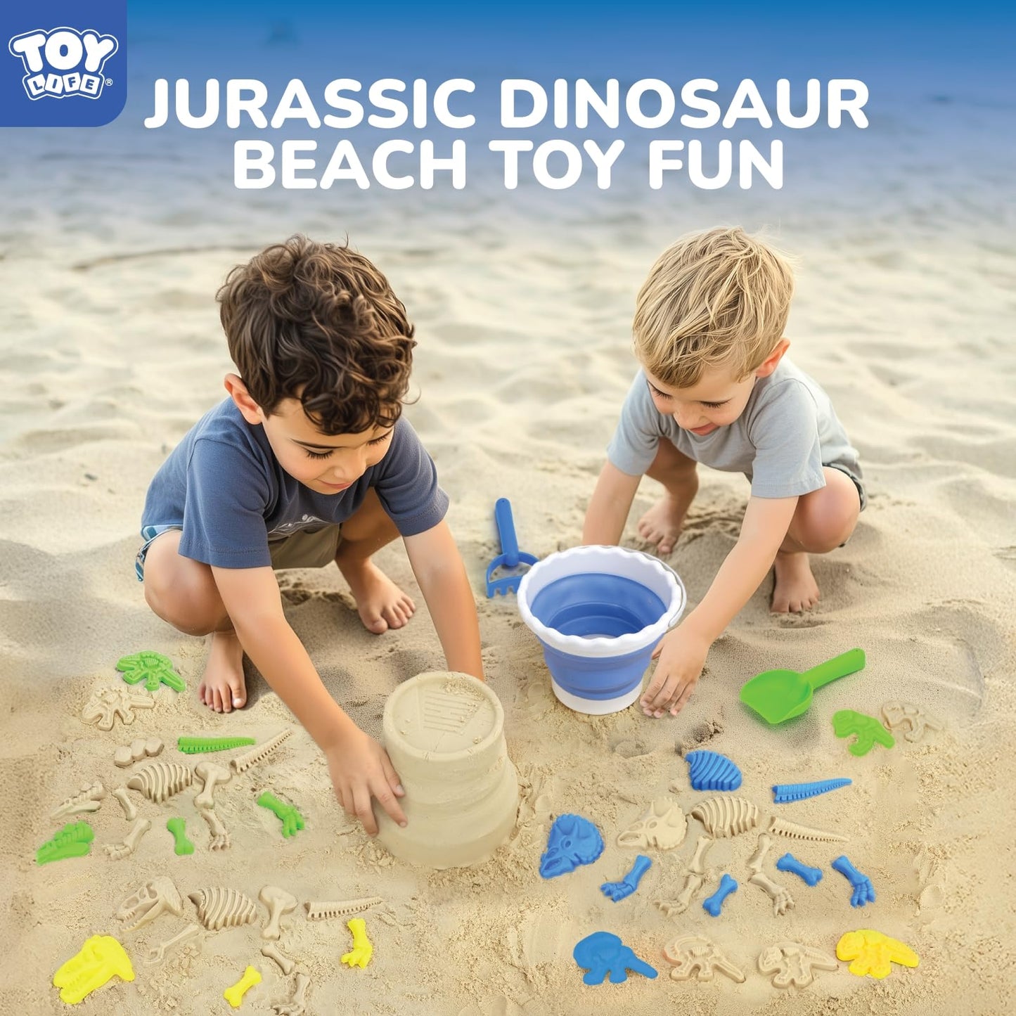 TOY Life 30 Pcs Dinosaur Fossil Beach Toys for Kids 4-8 | Collapsible Sand Kit
