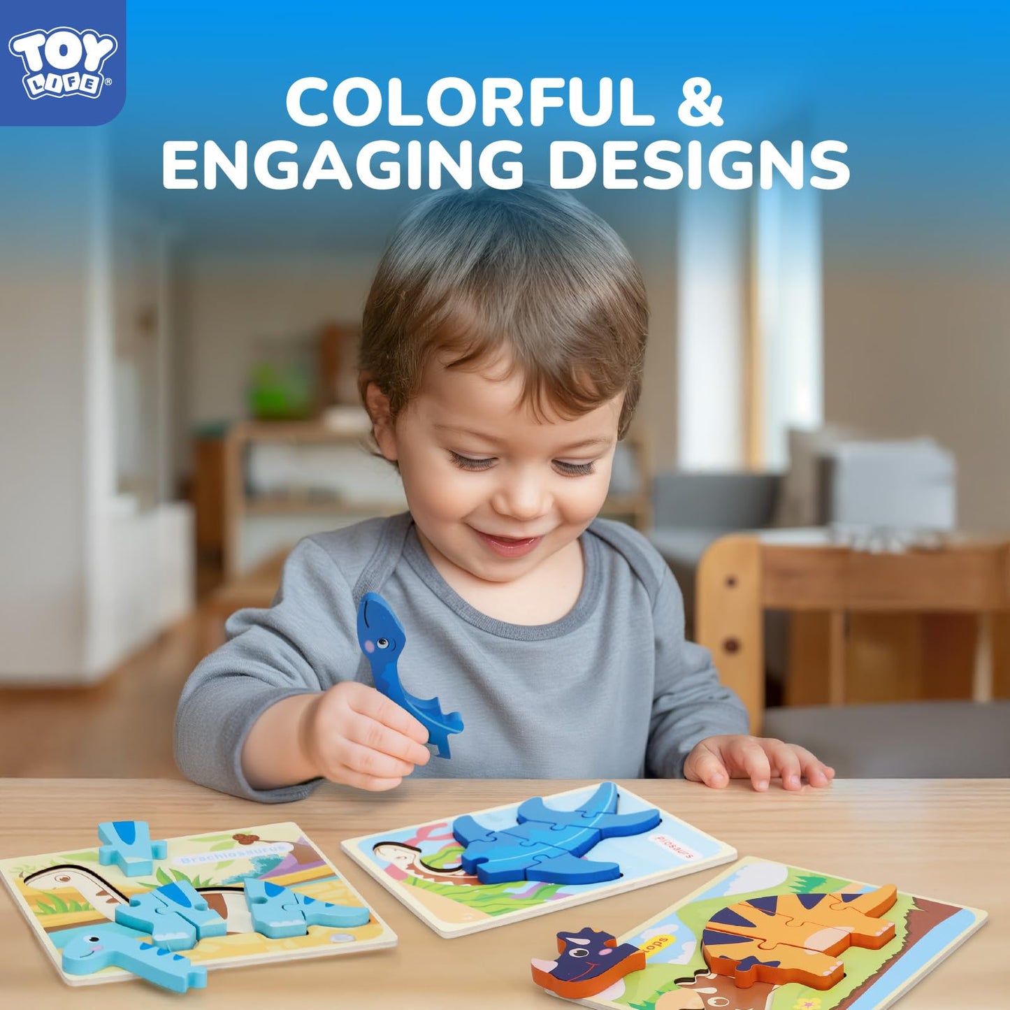 TOY Life 7-Piece Dinosaur Wooden Puzzles for Toddlers | Ages 2-5 | Educational Toys