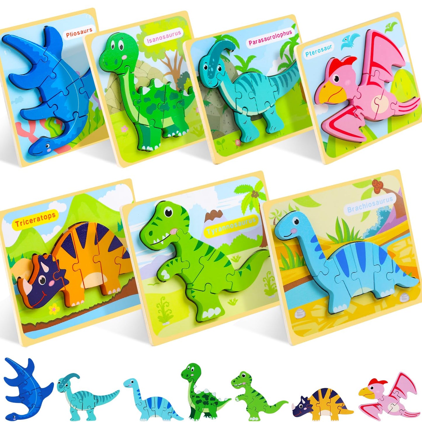 TOY Life 7-Piece Dinosaur Wooden Puzzles for Toddlers | Ages 2-5 | Educational Toys