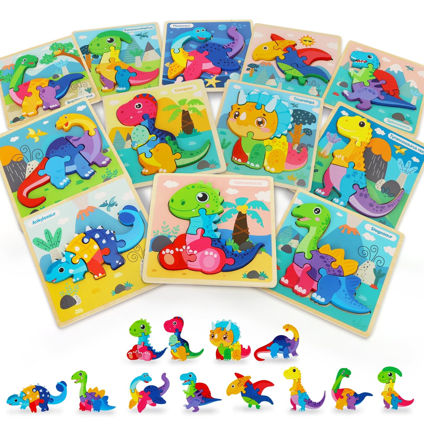 TOY Life Wooden Dinosaur Puzzles – 12-Pack Montessori Toddler Toys (Ages 1-4)