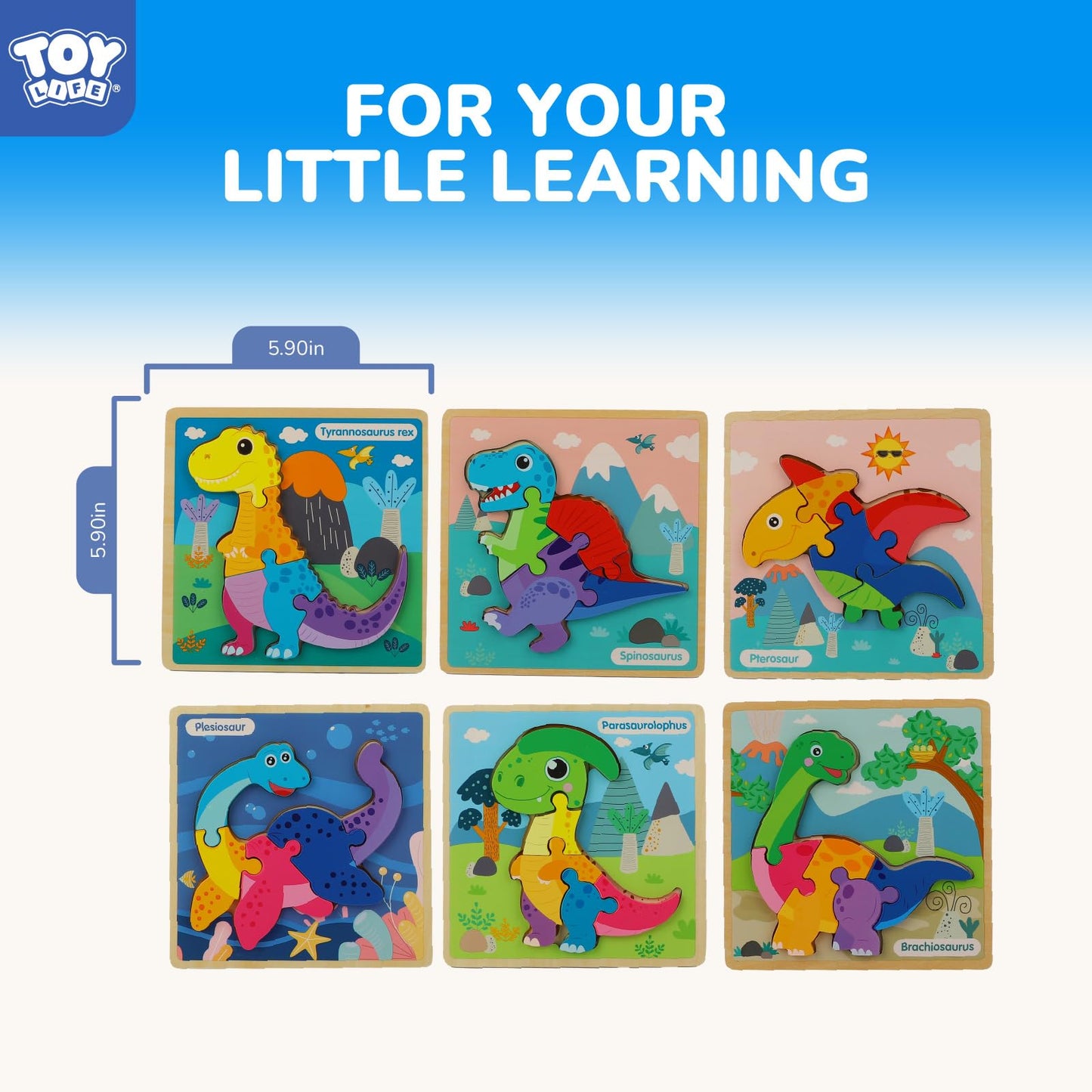 TOY Life Wooden Puzzles for Toddlers – 6-Pack Dinosaurs Montessori Toy for 1-4 Year Olds
